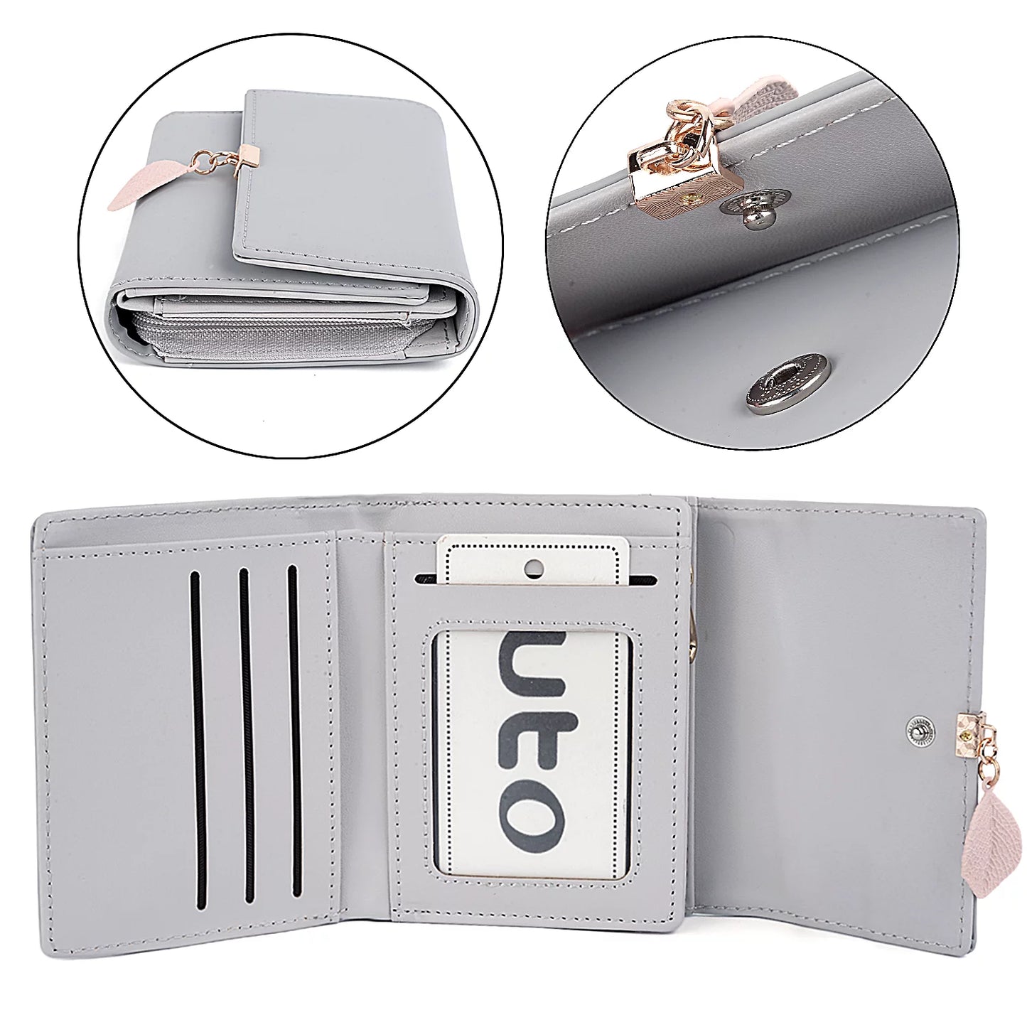 Small Wallet for Women PU Leather RFID Blocking Card Holder Zipper Coin Purse with Leaf Pendant(Gray)