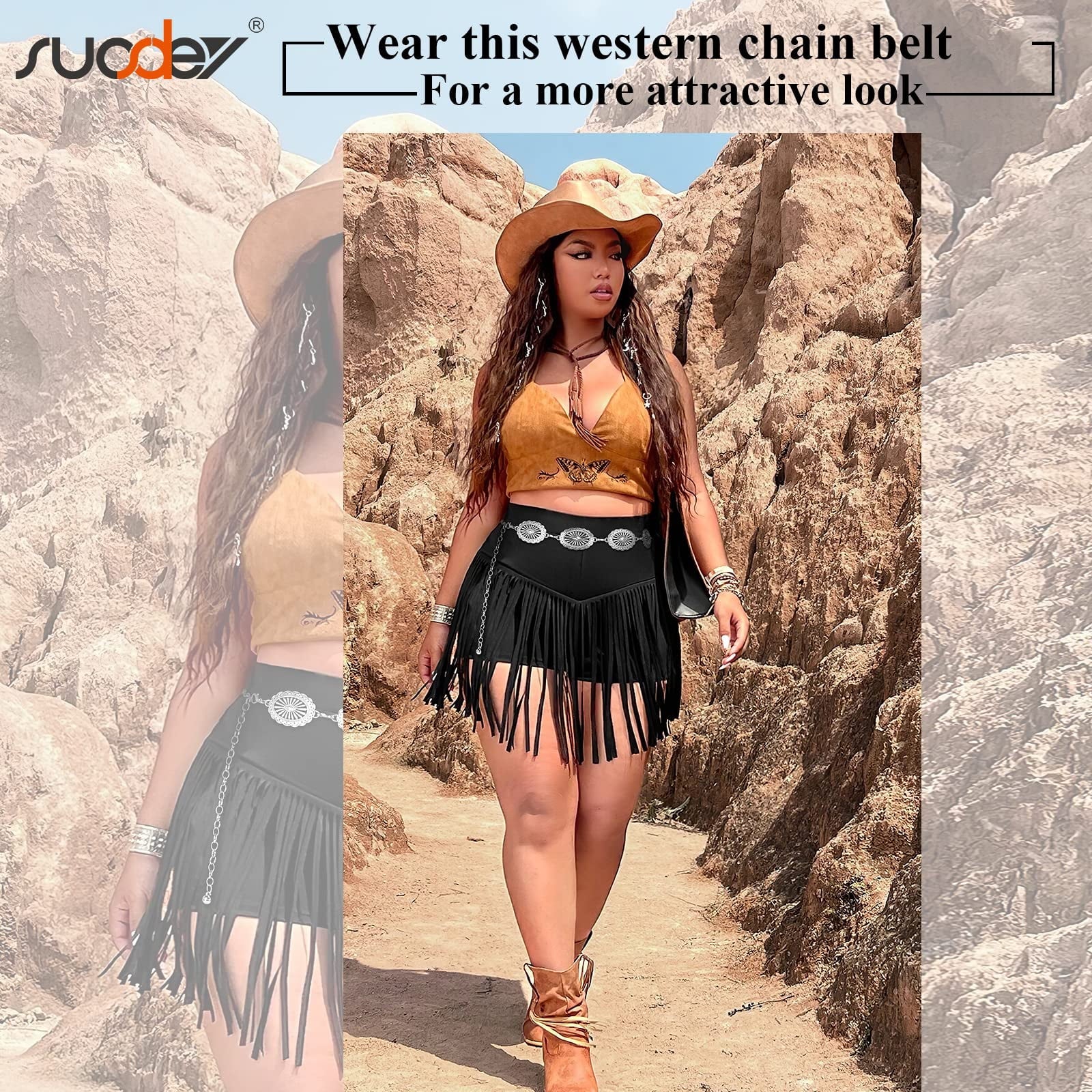 Women Silver Concho Chain Waist Belt Western Cowgirl Metal Chain Belt for Dress Adjustable