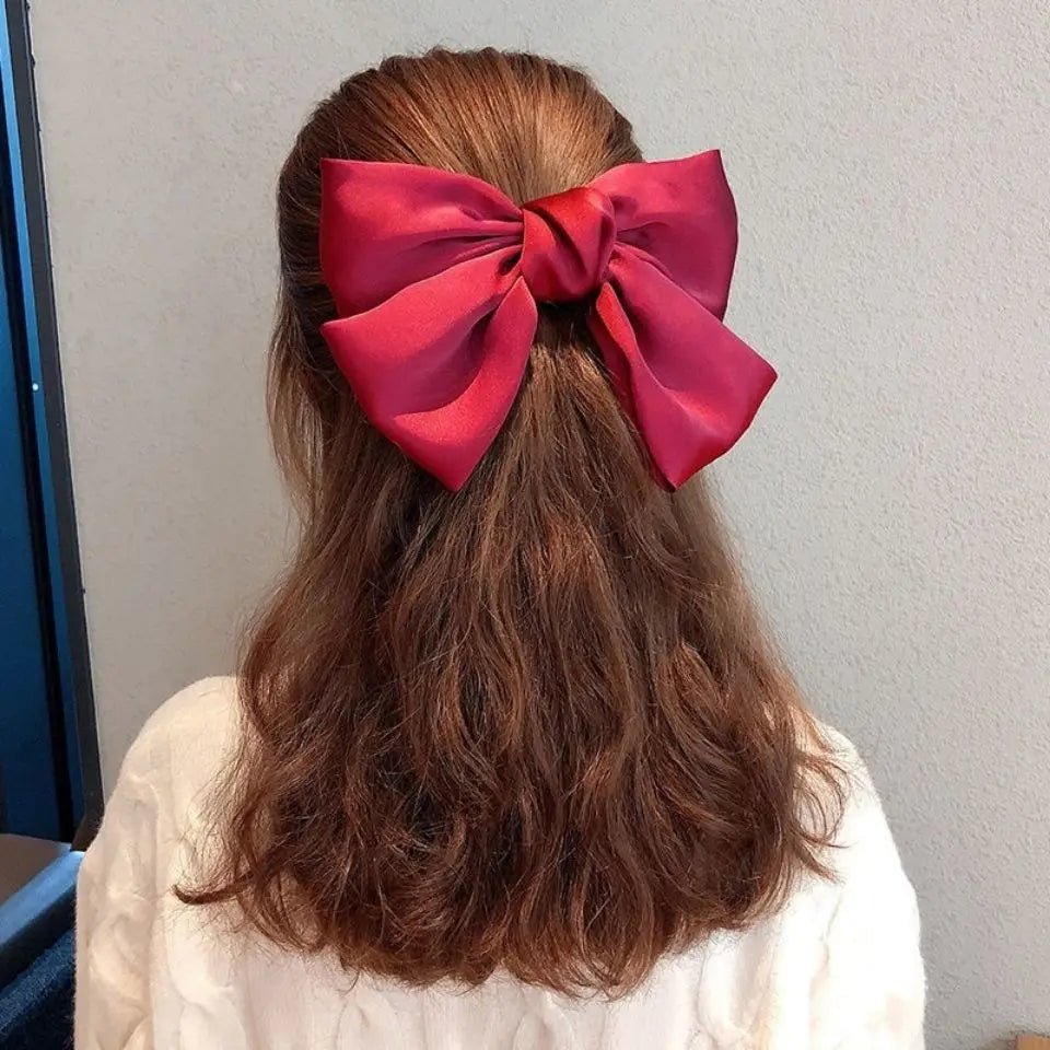 Elegant Bow Ribbon Hair Clip Fashion Simple Solid Satin Spring Clip Hair Pin Retro Headband with Clips Girls Hair Accessories