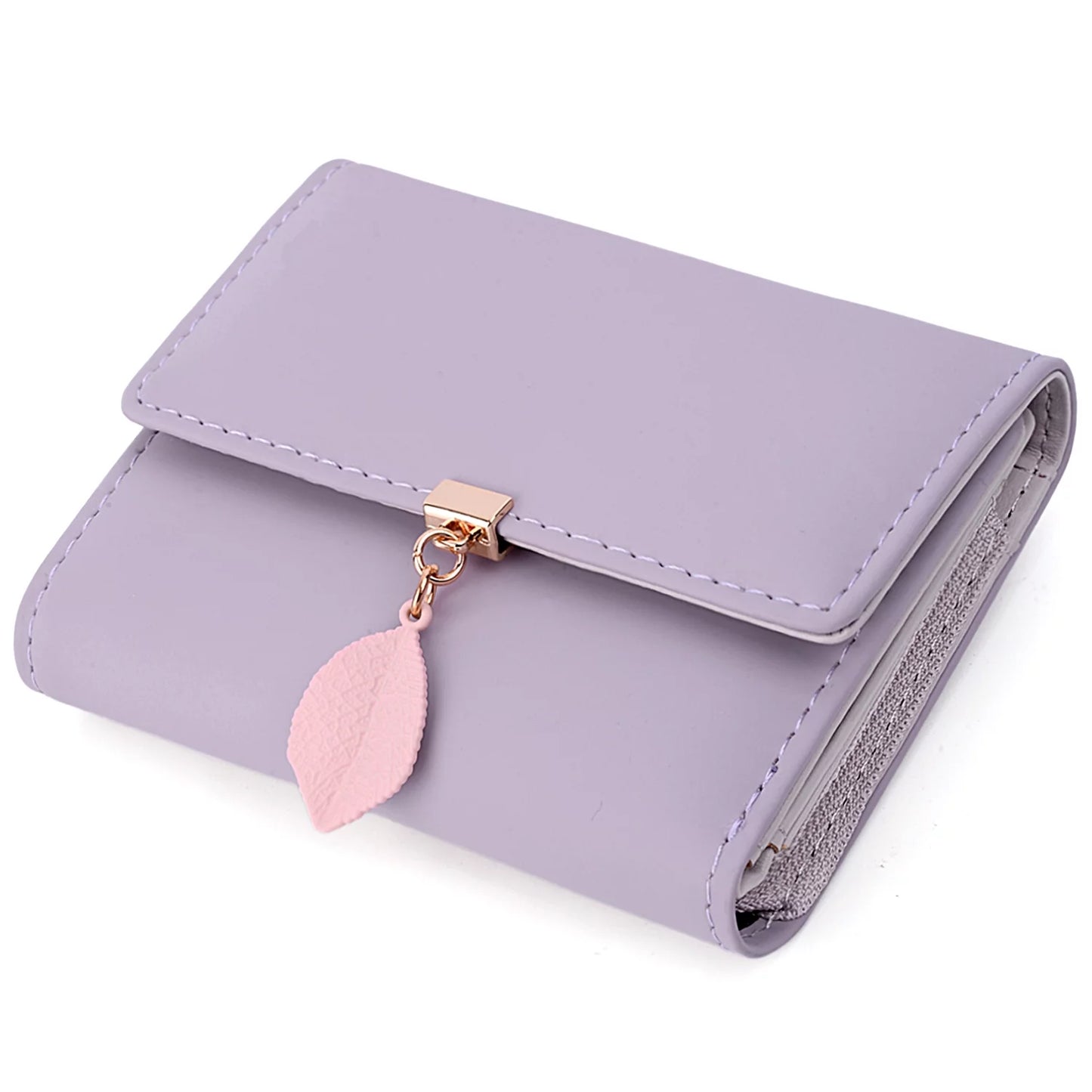 Small Wallet for Women PU Leather RFID Blocking Card Holder Zipper Coin Purse with Leaf Pendant(Purple)