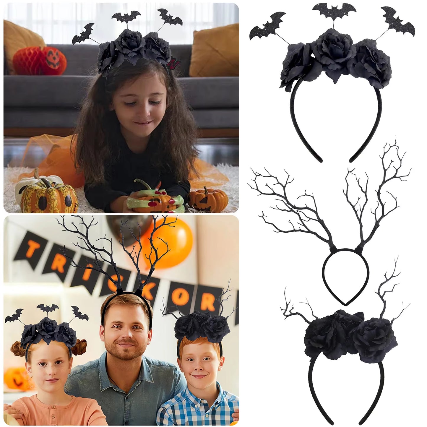 Halloween Headband Black Rose Bats Headbands for Women Gothic Flower Hair Accessories Headpiece Hair Hoop Event Table Cover