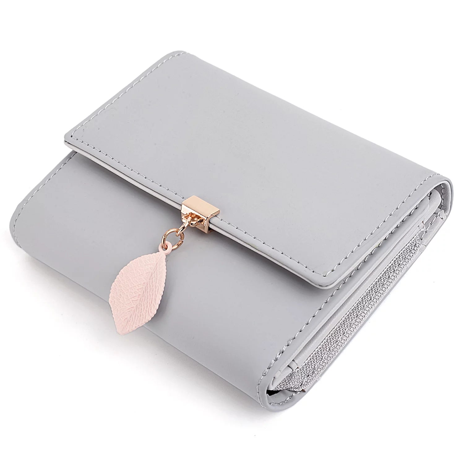 Small Wallet for Women PU Leather RFID Blocking Card Holder Zipper Coin Purse with Leaf Pendant(Gray)